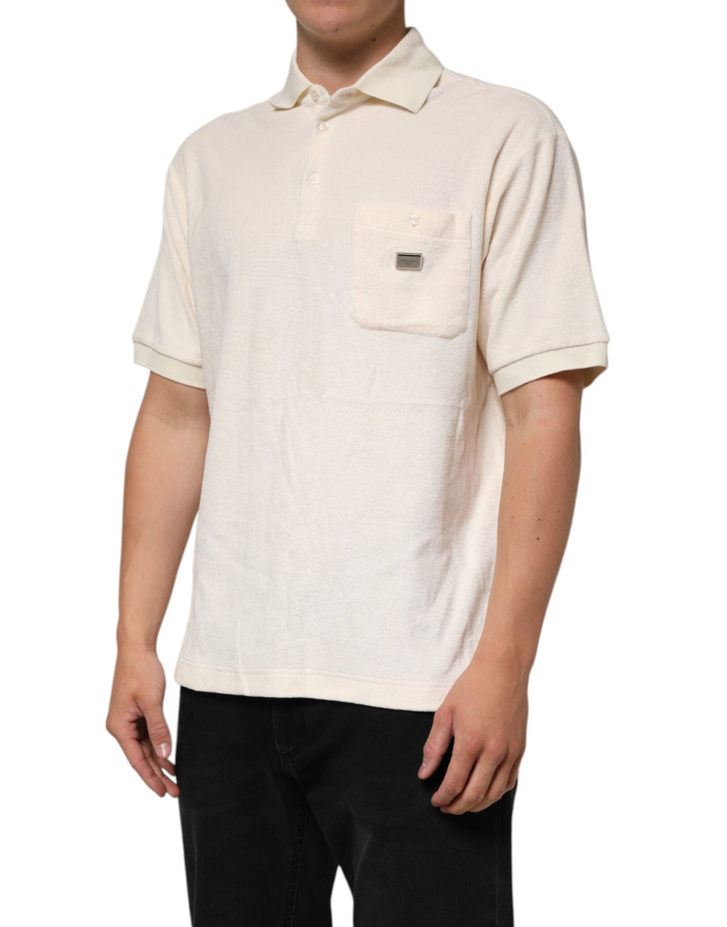 T-shirt polo Dolce & Gabbana en coton ivoire avec logo, poche sur la poitrine, style décontracté et élégant.