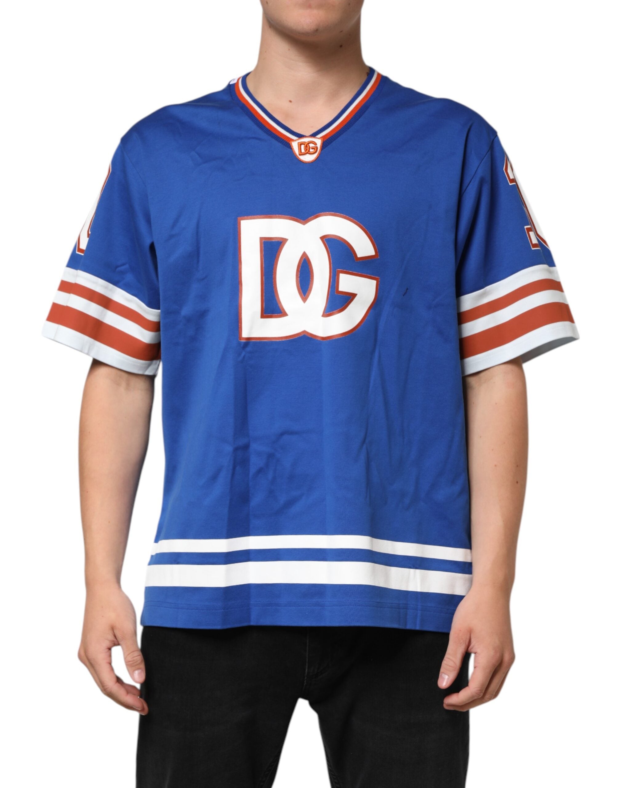 T-shirt en mesh de coton bleu Dolce & Gabbana avec logo DG, manches courtes et design tendance.