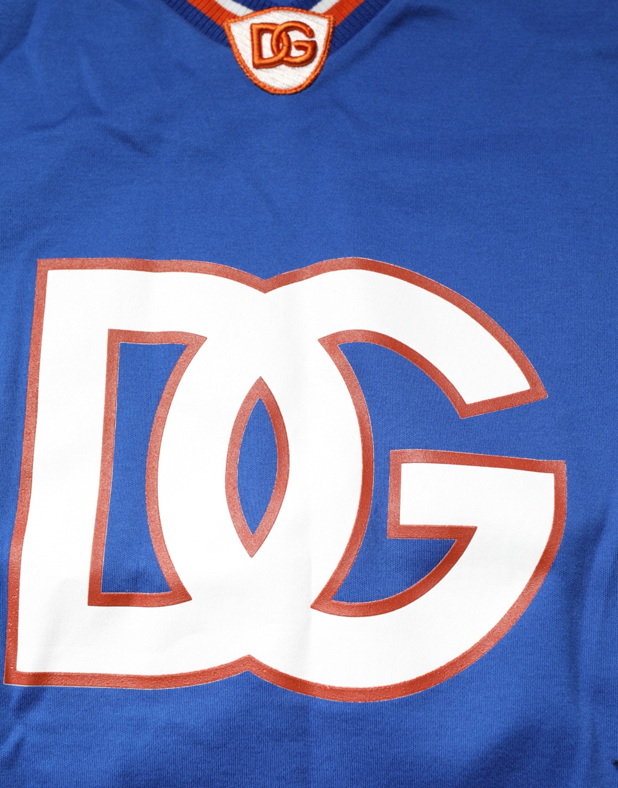 T-shirt en mesh en coton bleu Dolce & Gabbana avec logo DG, style décontracté, visible en détail sur l'image.