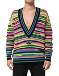 Pull en maille Dolce & Gabbana à col en V avec logo multicolore, style élégant et confortable, vue de face.