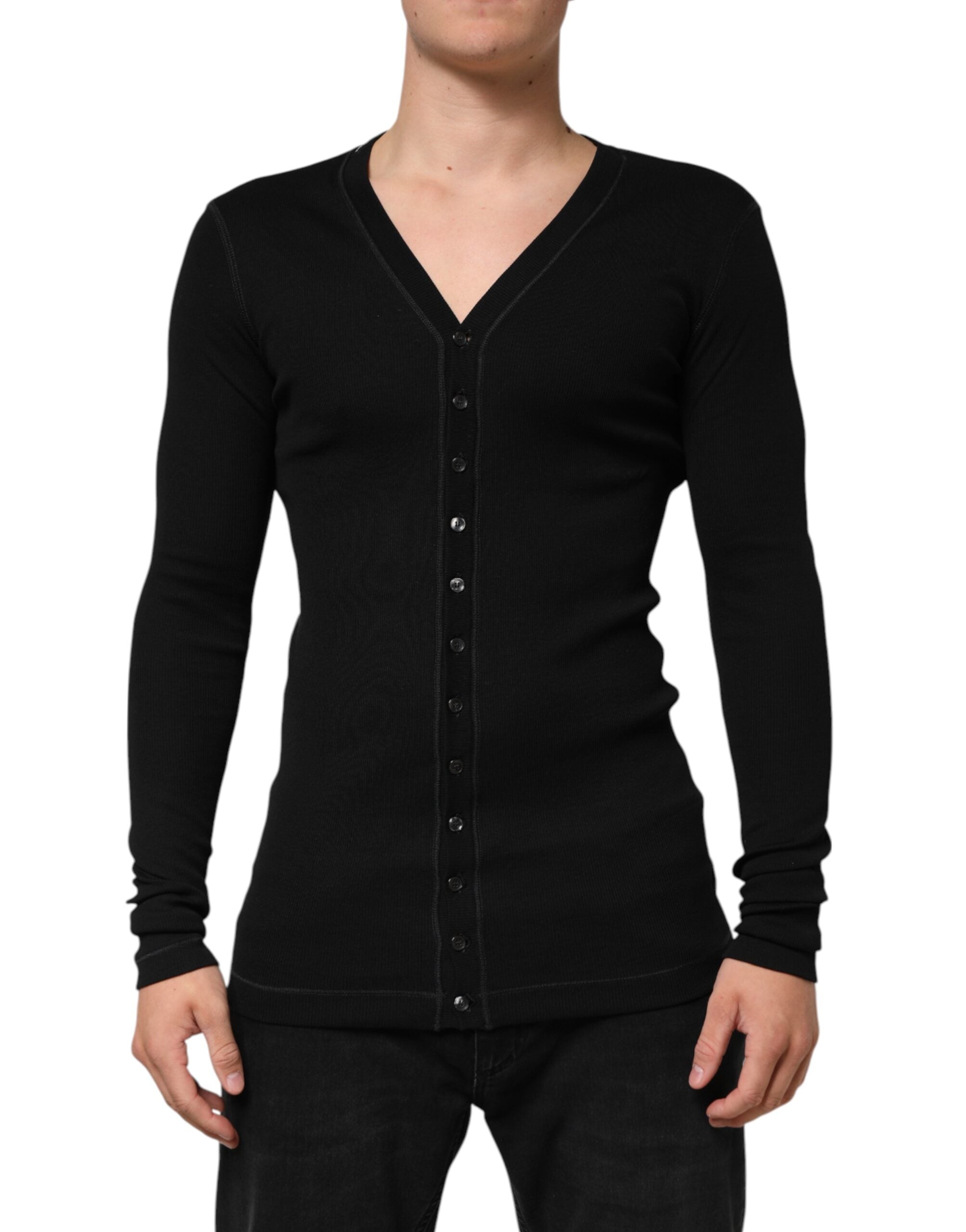 Cardigan homme Dolce & Gabbana en coton noir avec boutons, style élégant et décontracté.