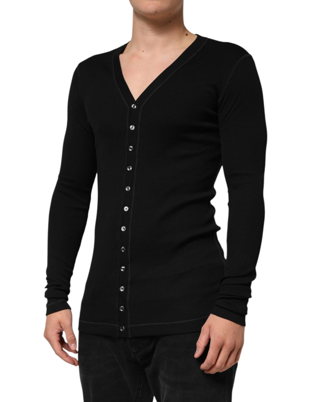 Pull cardigan Dolce & Gabbana en coton noir avec boutons, pour homme, porté sur un mannequin.