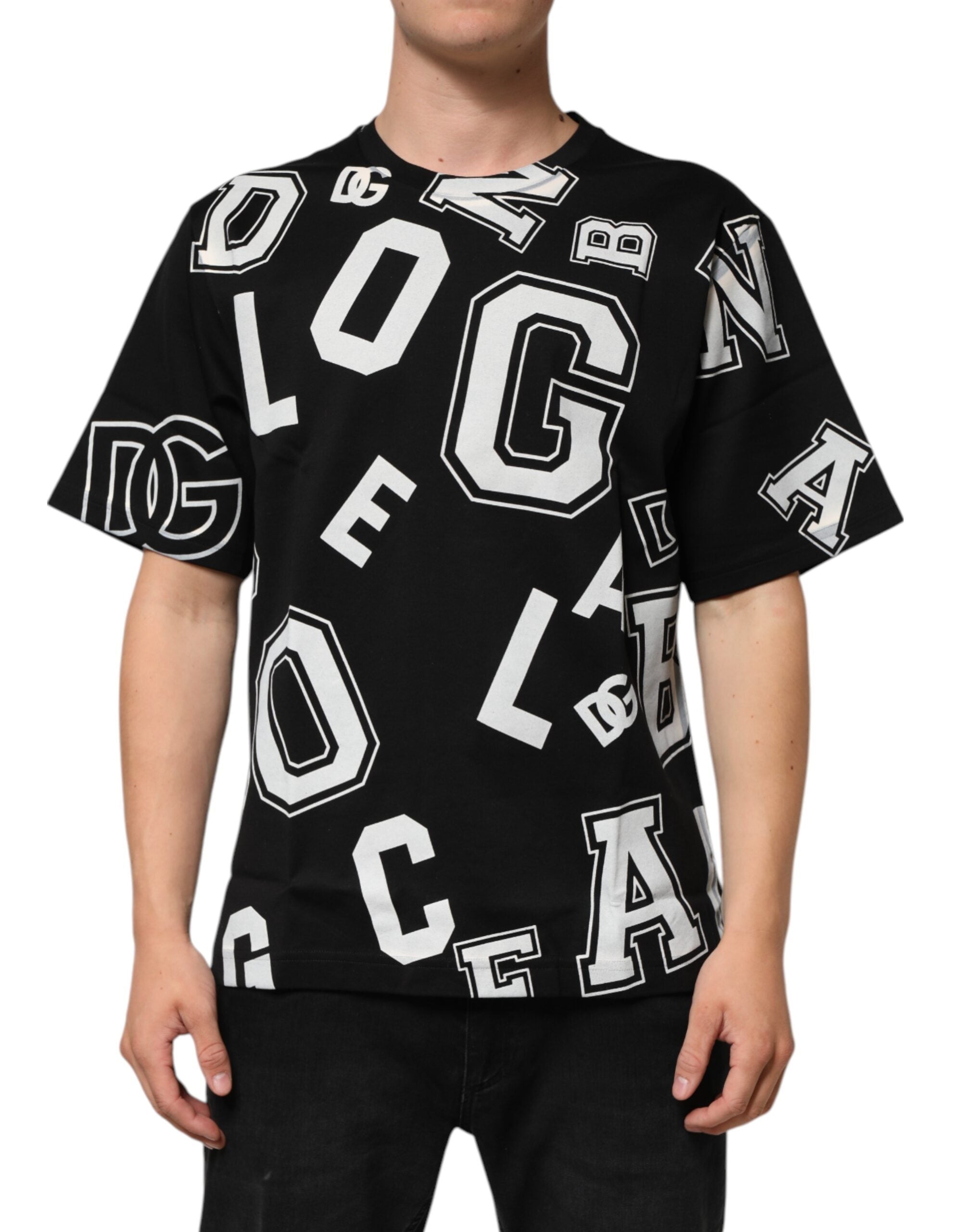 T-shirt à manches courtes Dolce & Gabbana en coton noir avec impression de lettres, style décontracté et moderne.