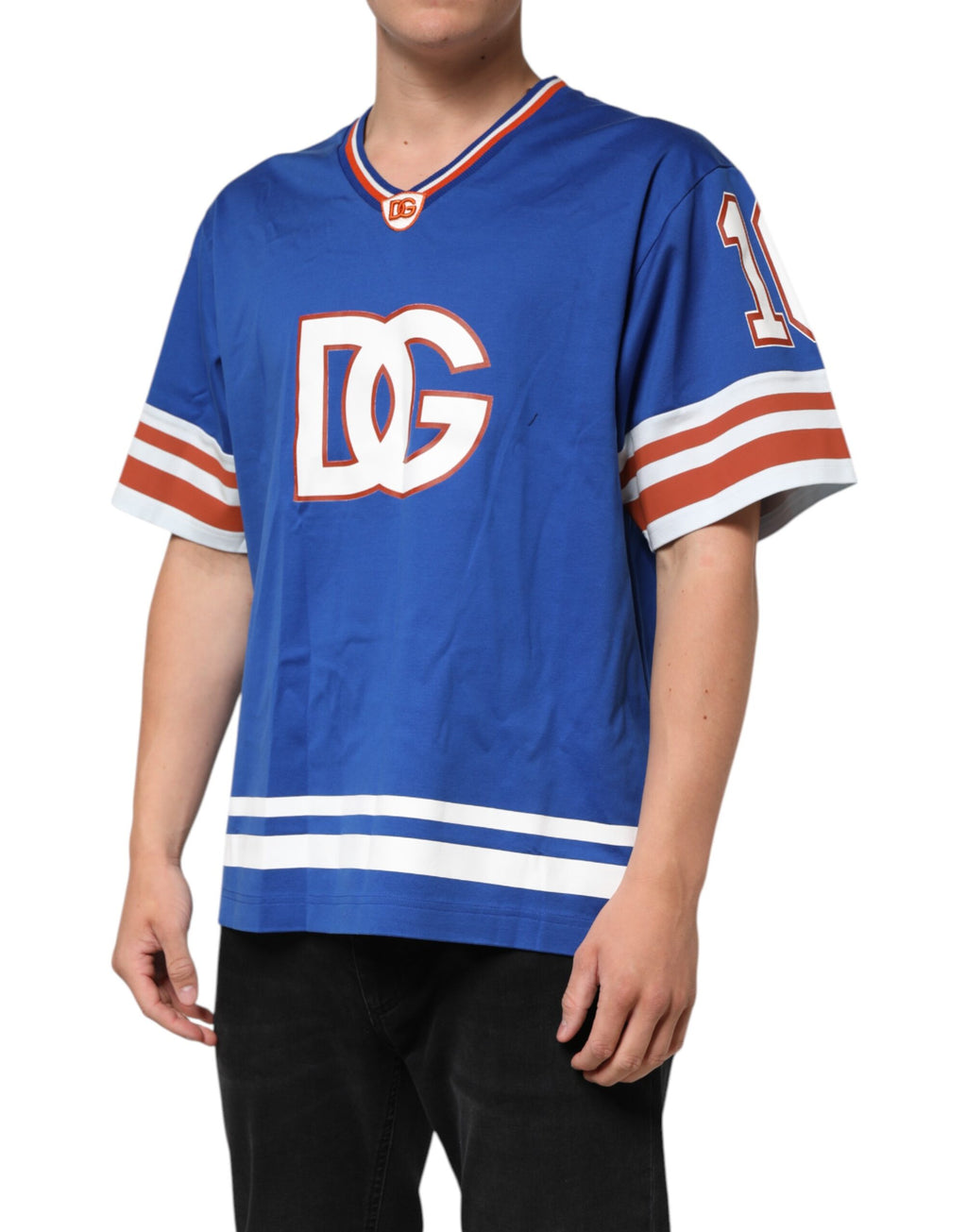 T-shirt en mesh en coton bleu Dolce & Gabbana avec logo DG, vue de face, détails du tissu et du logo sur le devant.