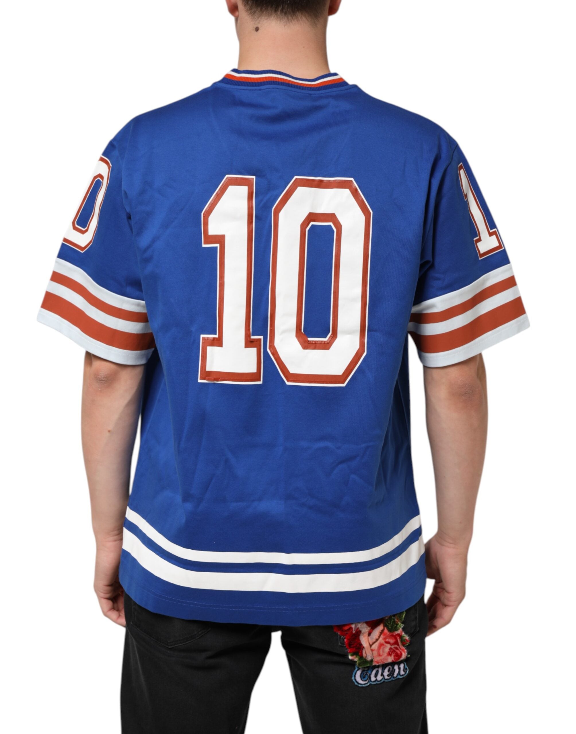 T-shirt en jersey en coton bleu Dolce & Gabbana avec logo DG en maille, manches courtes et coupe classique.