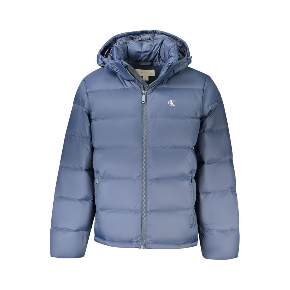 Veste en poliamide pour homme de la marque Calvin Klein, couleur bleue, avec fermeture éclair et col montant visible.
