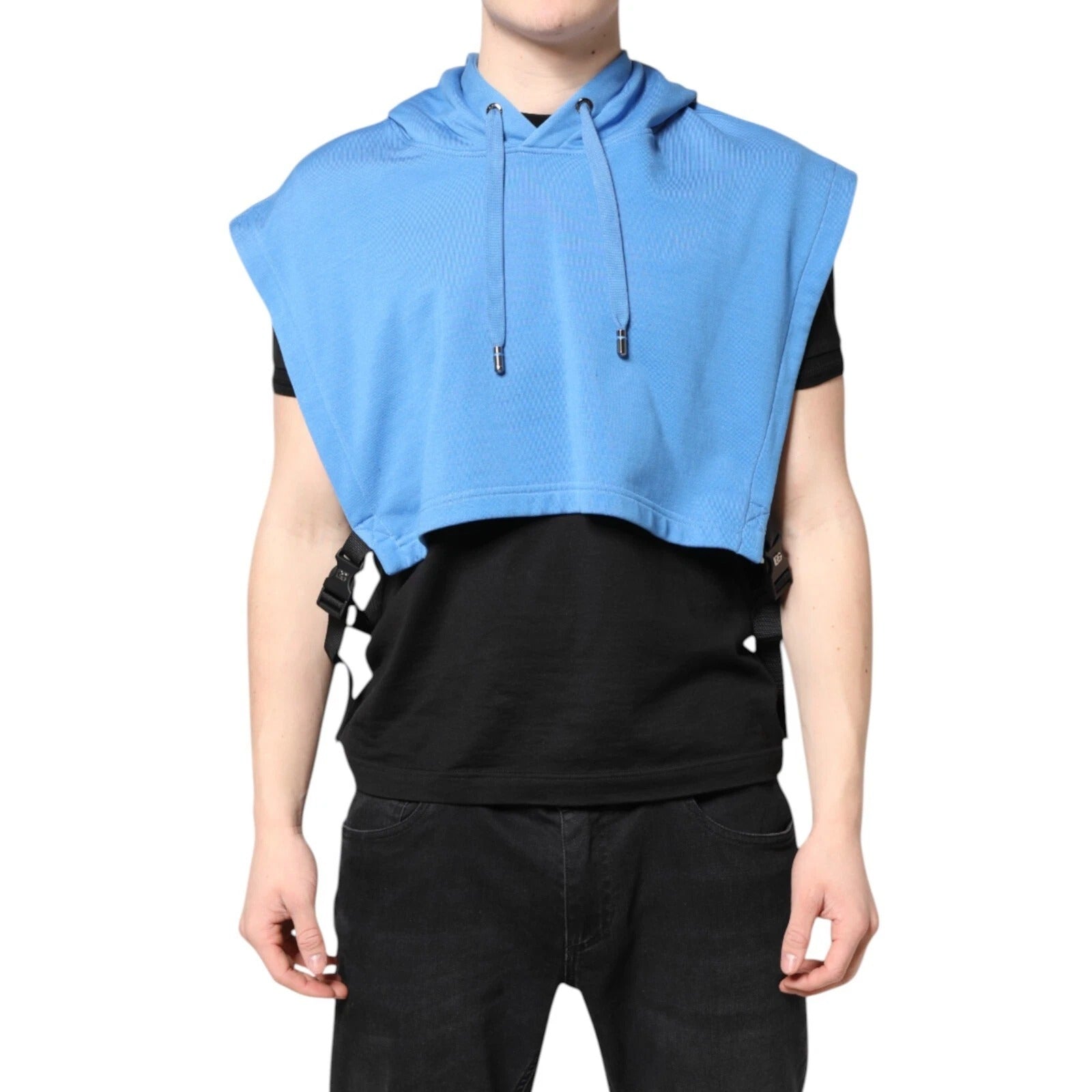 Gilet homme Dolce & Gabbana en coton bleu avec capuche, vêtements de sport, coupe unique, vue frontale.