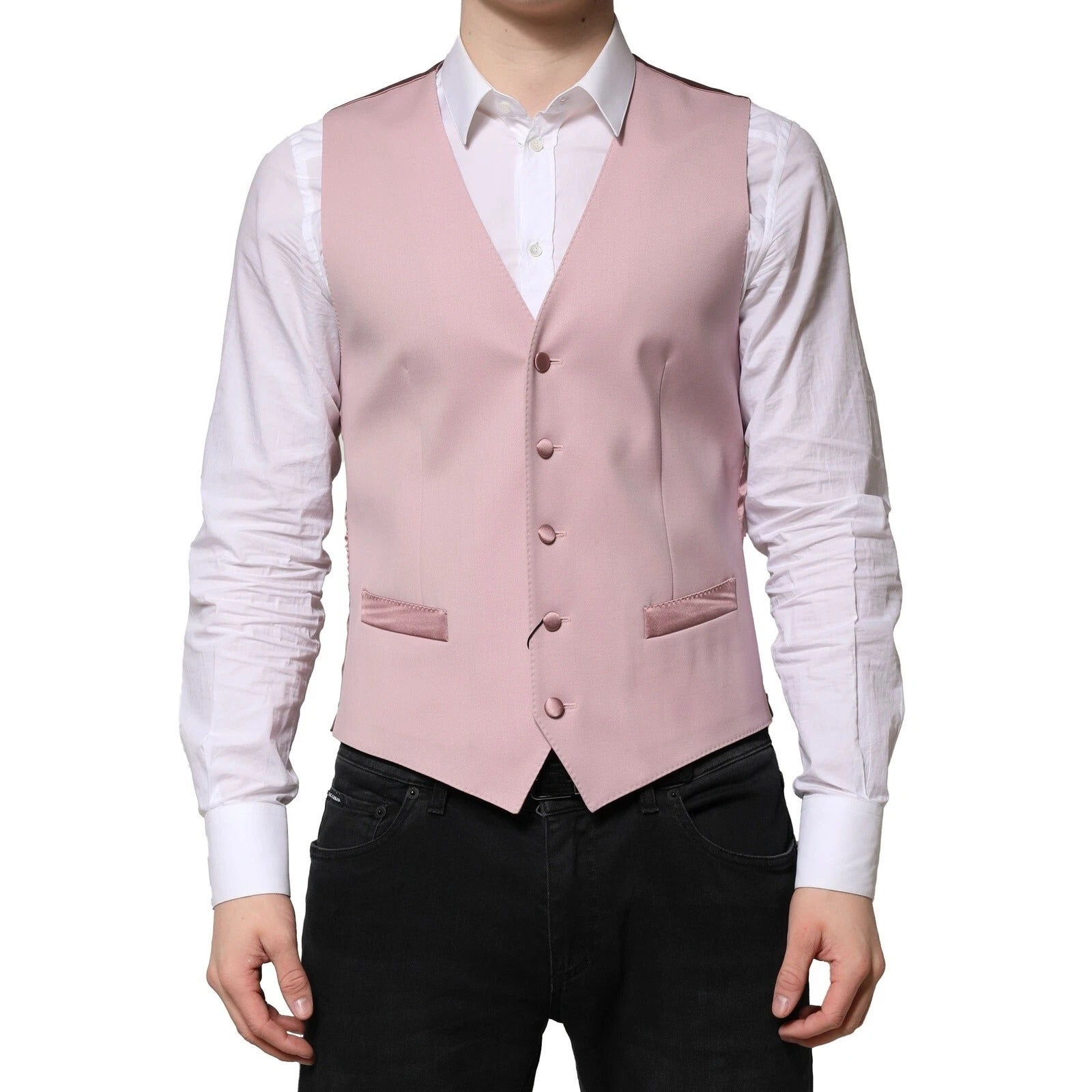 Gilet homme Dolce & Gabbana en laine rose, costume formel avec veste ou cravate, détail élégant et tissu de qualité.
