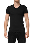 T-shirt homme Dolce & Gabbana en coton noir avec logo déchiré et col en V, style décontracté et tendance.