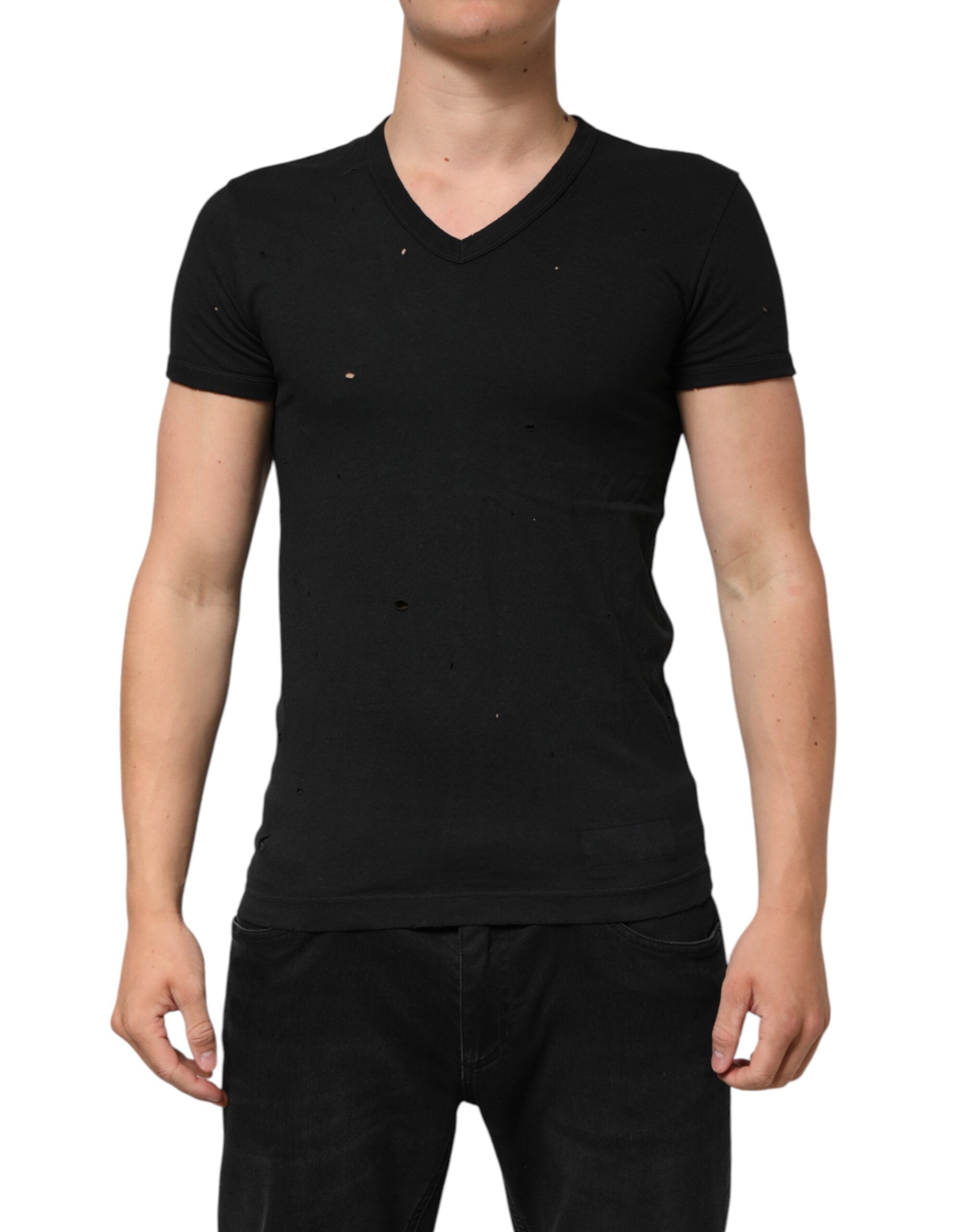 T-shirt homme Dolce & Gabbana en coton noir avec logo déchiré et col en V, style décontracté et tendance.
