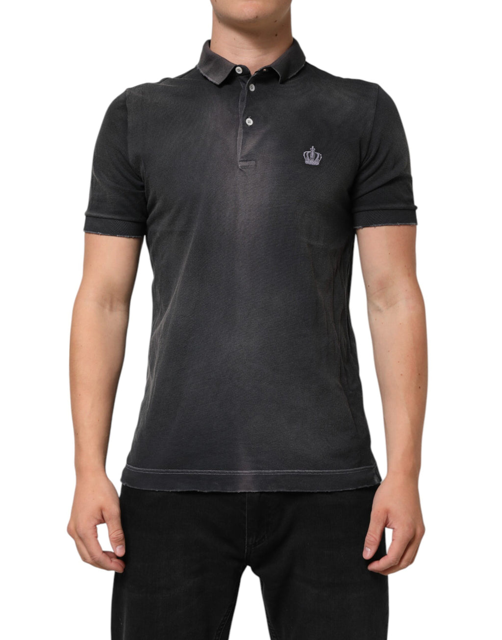 Polo pour homme Dolce & Gabbana en coton gris avec col en forme de couronne, style élégant et moderne.