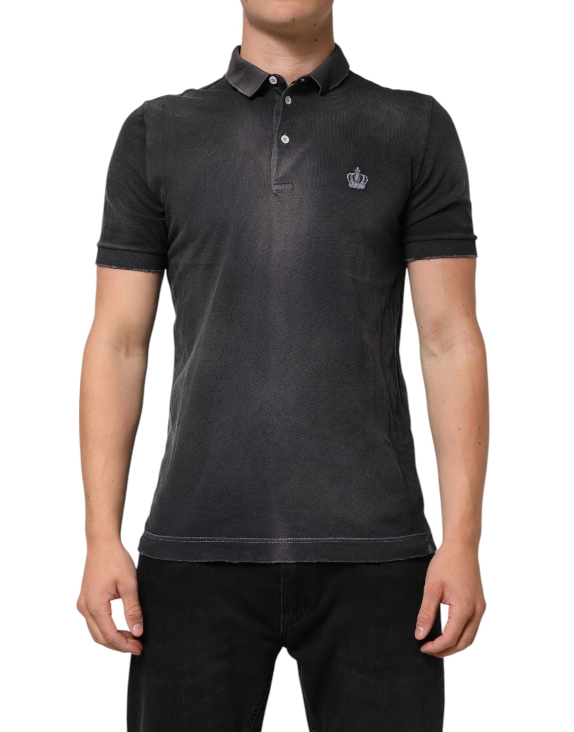 Polo pour homme Dolce & Gabbana en coton gris avec col en forme de couronne, style élégant et moderne.
