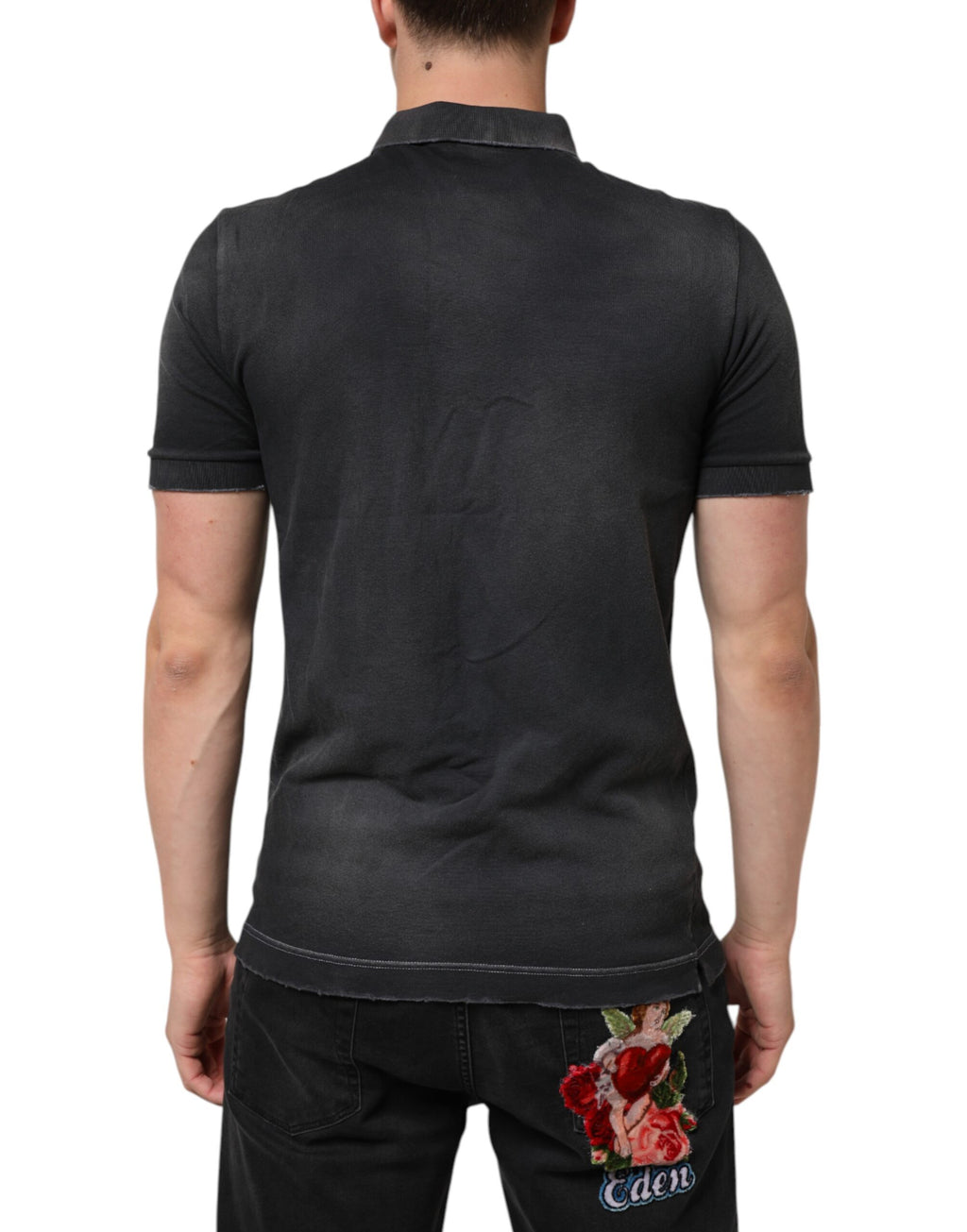 Polo homme Dolce & Gabbana en coton gris avec col en forme de couronne et logo imprimé sur la poitrine.