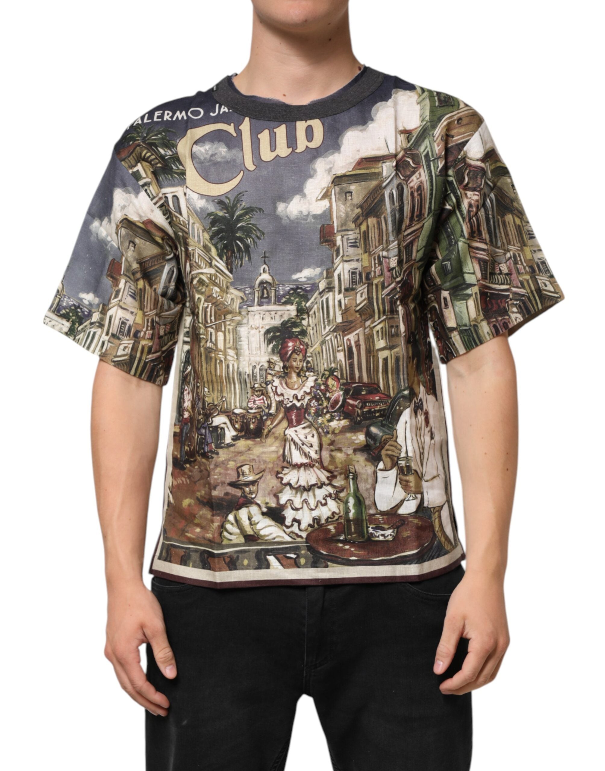 T-shirt homme Dolce & Gabbana Palermo Jazz Club en lin avec col rond, illustration artistique sur le devant.