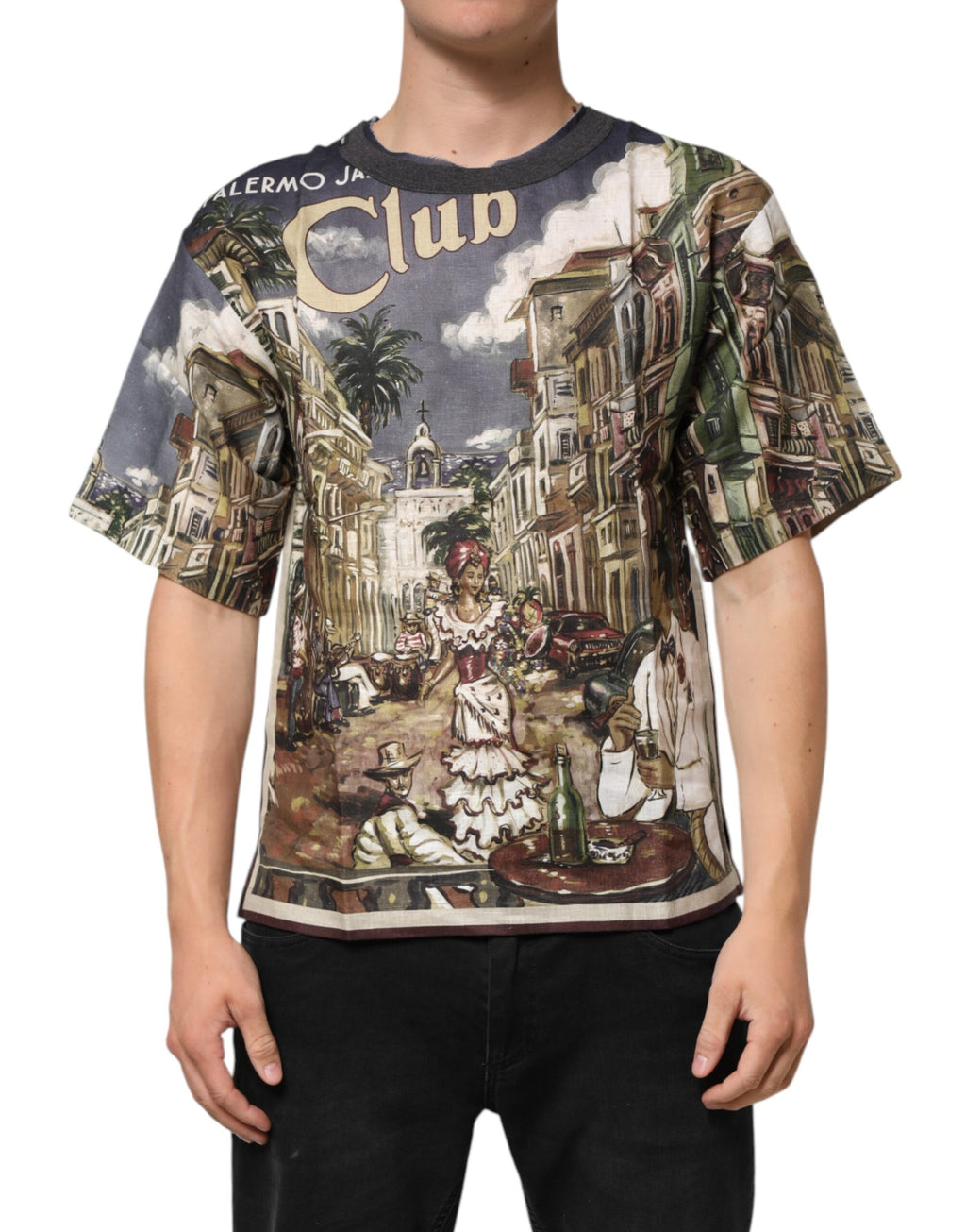 T-shirt homme en lin Dolce & Gabbana Palermo Jazz Club, col rond, design élégant et décontracté, vue de face