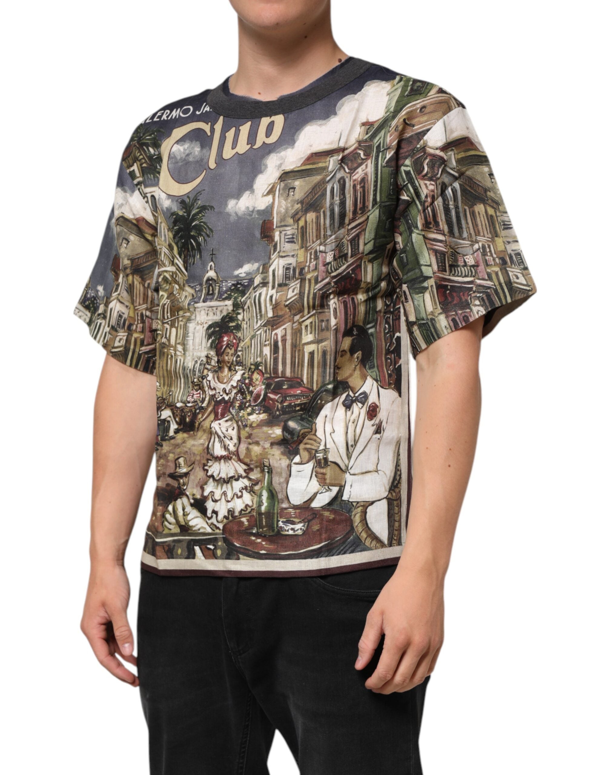 T-shirt homme Dolce & Gabbana Palermo Jazz Club en lin avec col rond, design élégant et détails modernes visible sur l'image.