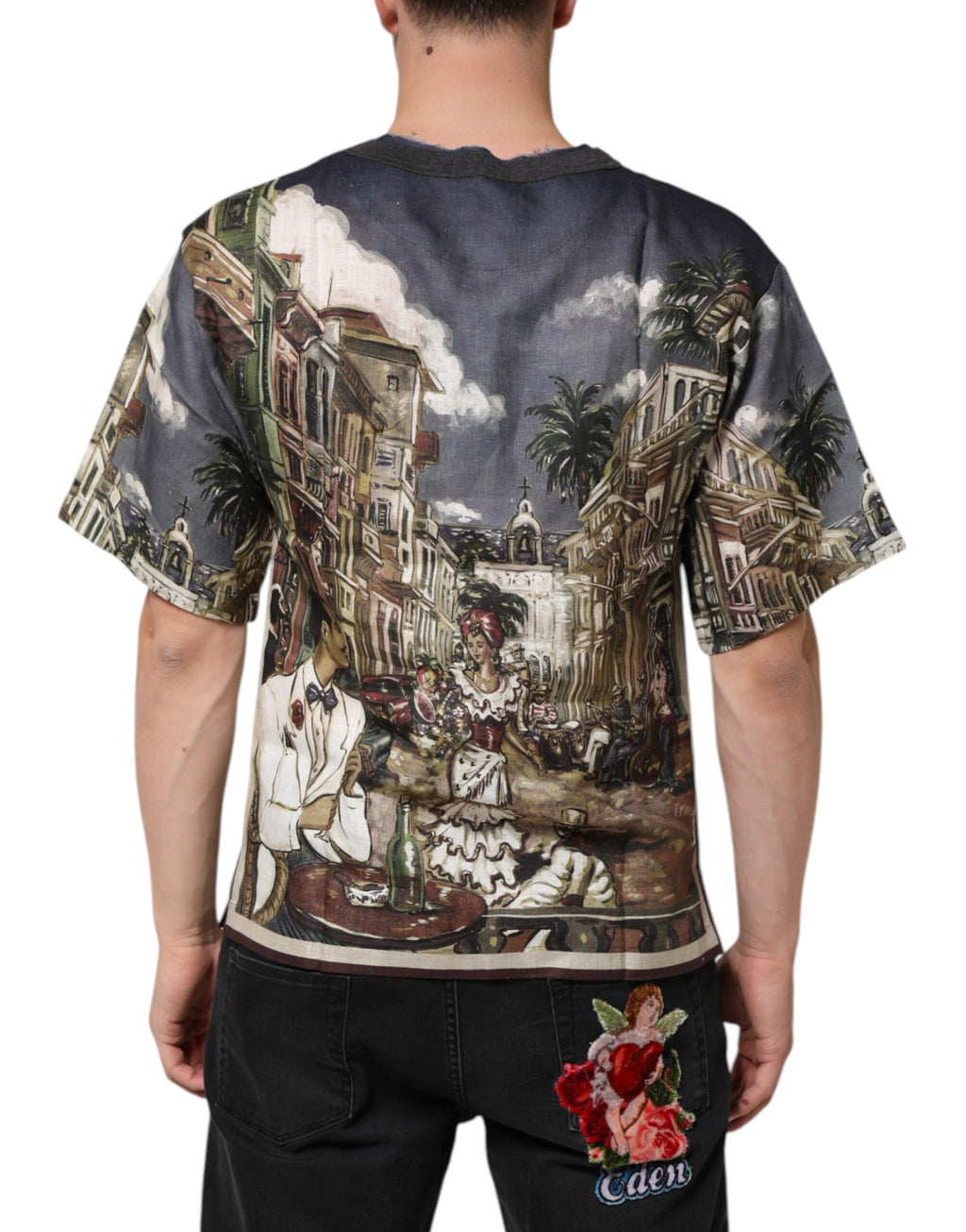T-shirt homme Dolce & Gabbana Palermo Jazz Club en lin avec col rond, détail de la texture et design élégant visible.