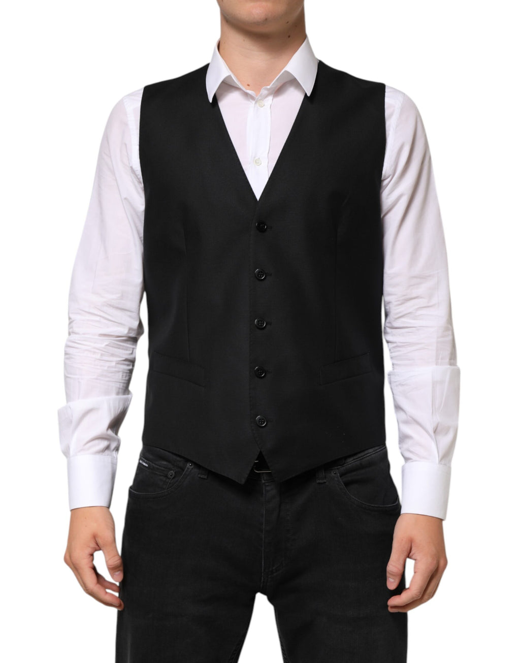 Gilet formel en laine noire Dolce & Gabbana pour homme, détail élégant et coupe ajustée.