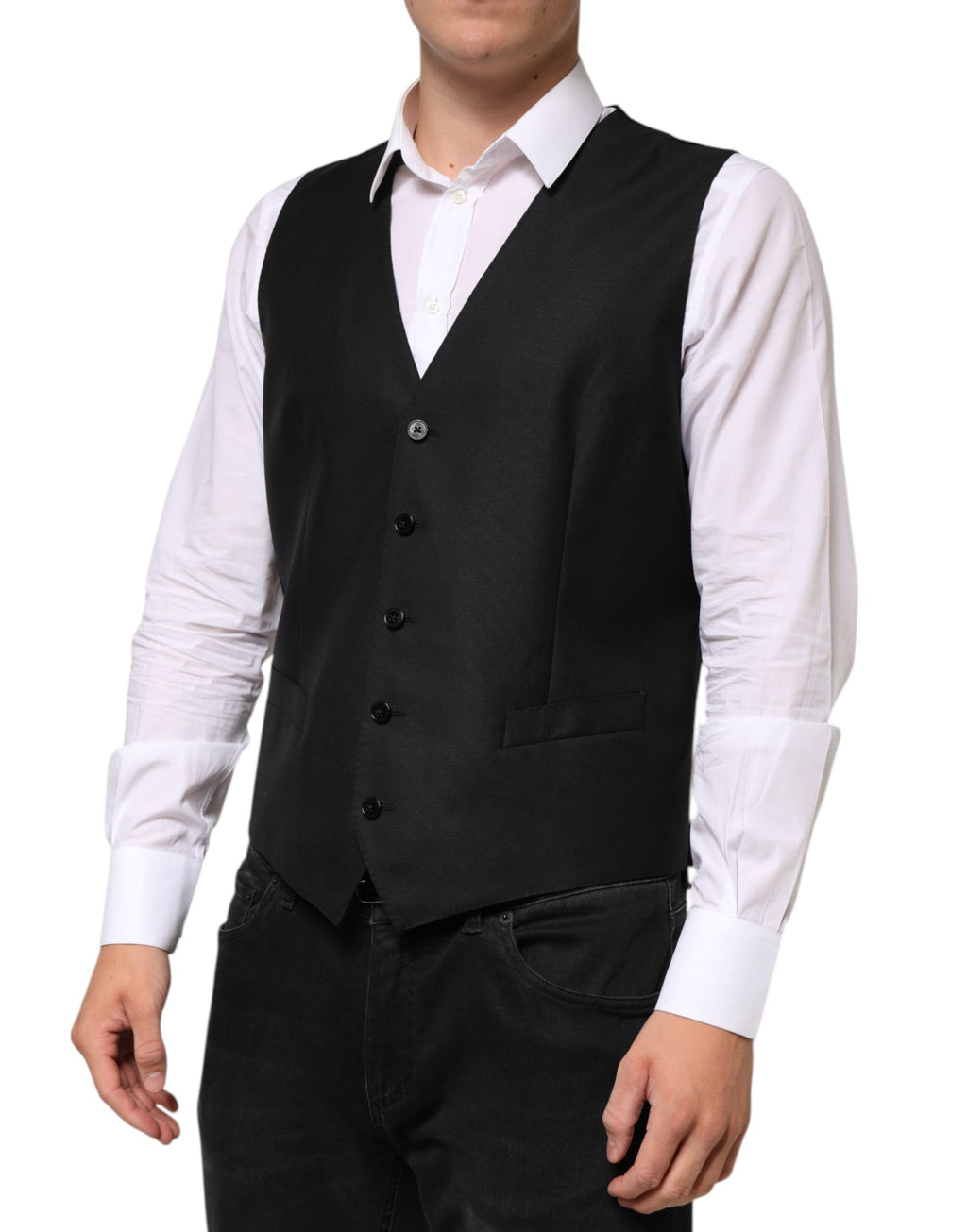 Gilet homme en laine noire Dolce & Gabbana, veste formelle élégante avec coupe ajustée et détails sophistiqués.