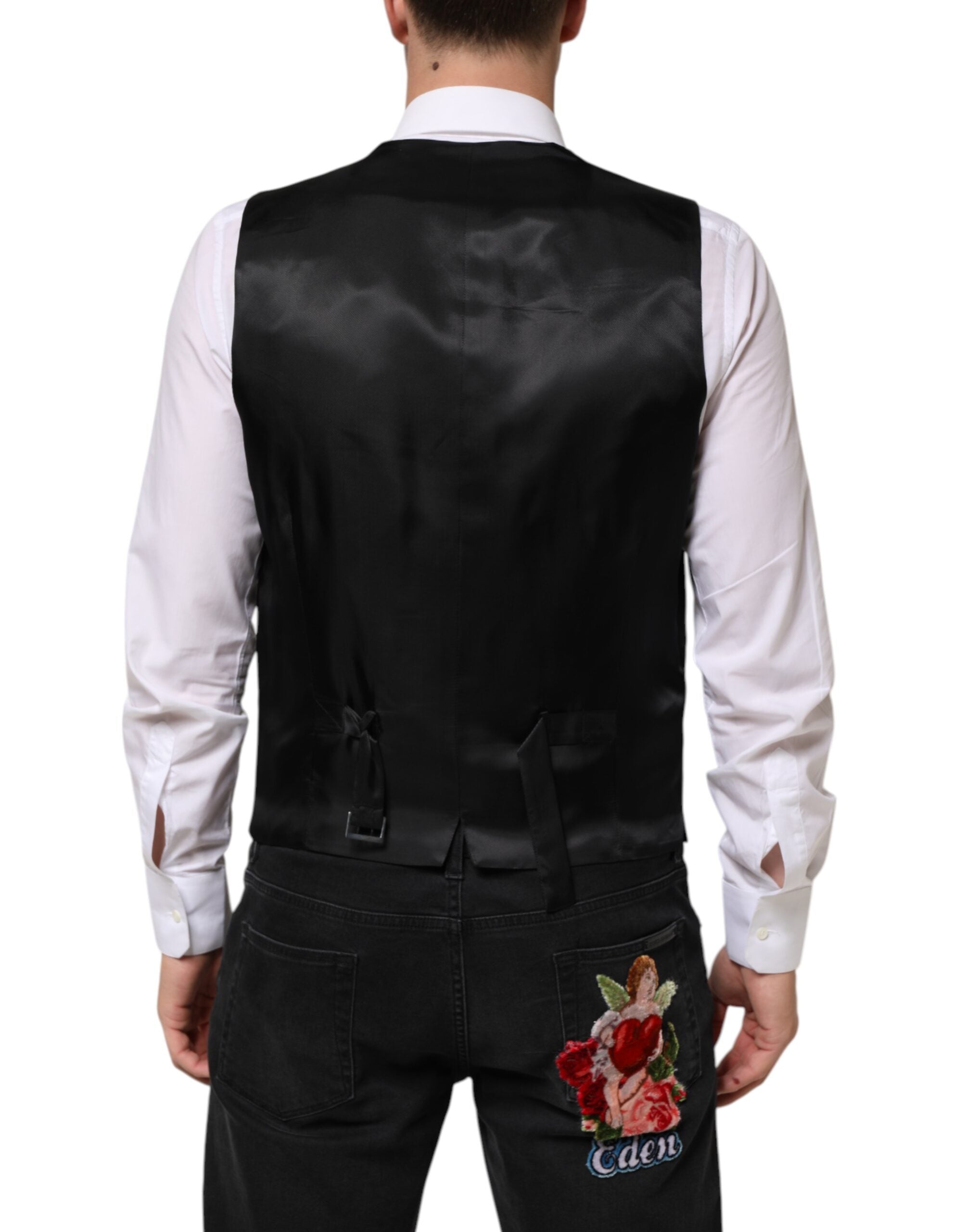 Gilet homme noir en laine Dolce & Gabbana, vêtement formel, costume élégant, porté sur une chemise.