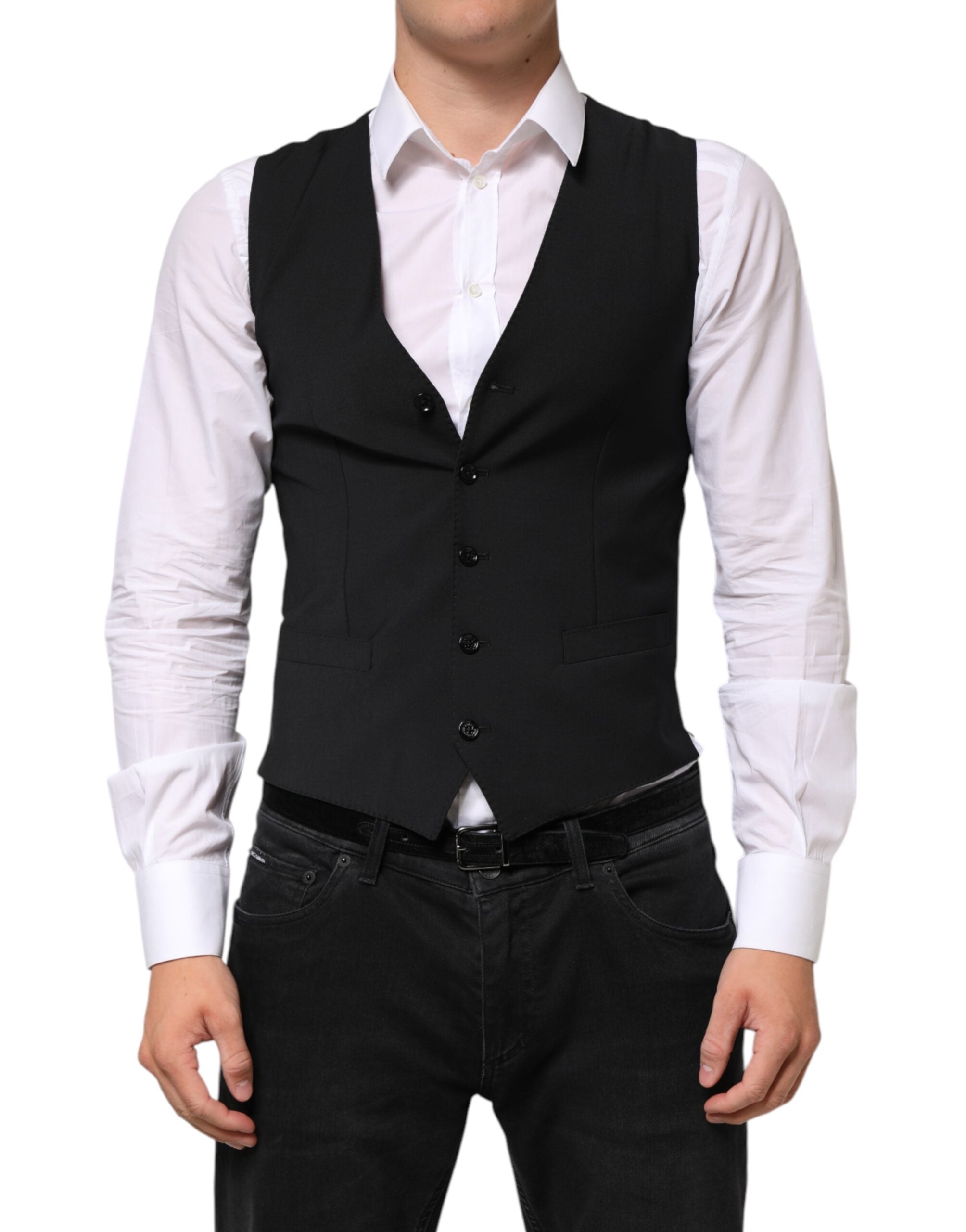 Gilet homme noir en laine Dolce & Gabbana, veste formelle élégante avec coupe ajustée et détails sophistiqués.