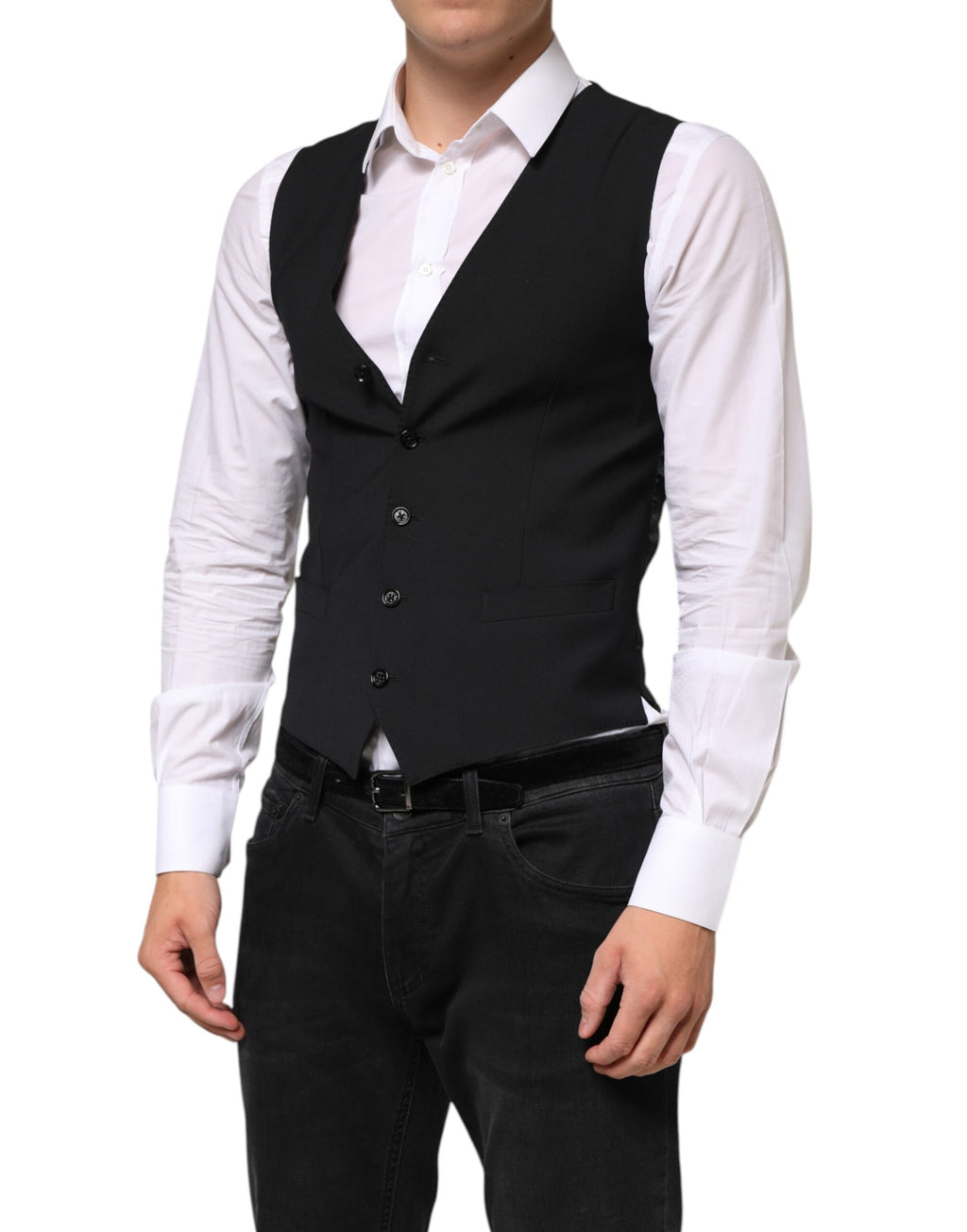 Gilet homme noir en laine Dolce & Gabbana, vêtement formel, avec coupe élégante et détails sophistiqués.