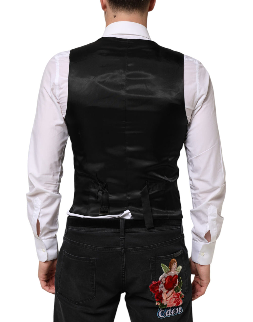 Gilet en laine noir Dolce & Gabbana pour homme, costume formel, veste de taille élégante, tissu doux et sophistiqué.