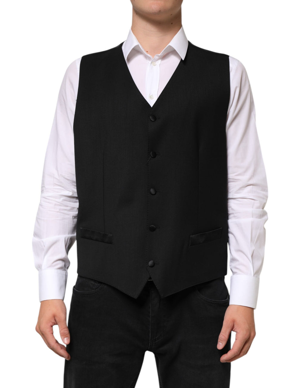Gilet homme en laine noire Dolce & Gabbana, vêtement formel élégant avec col et fermeture à boutons.