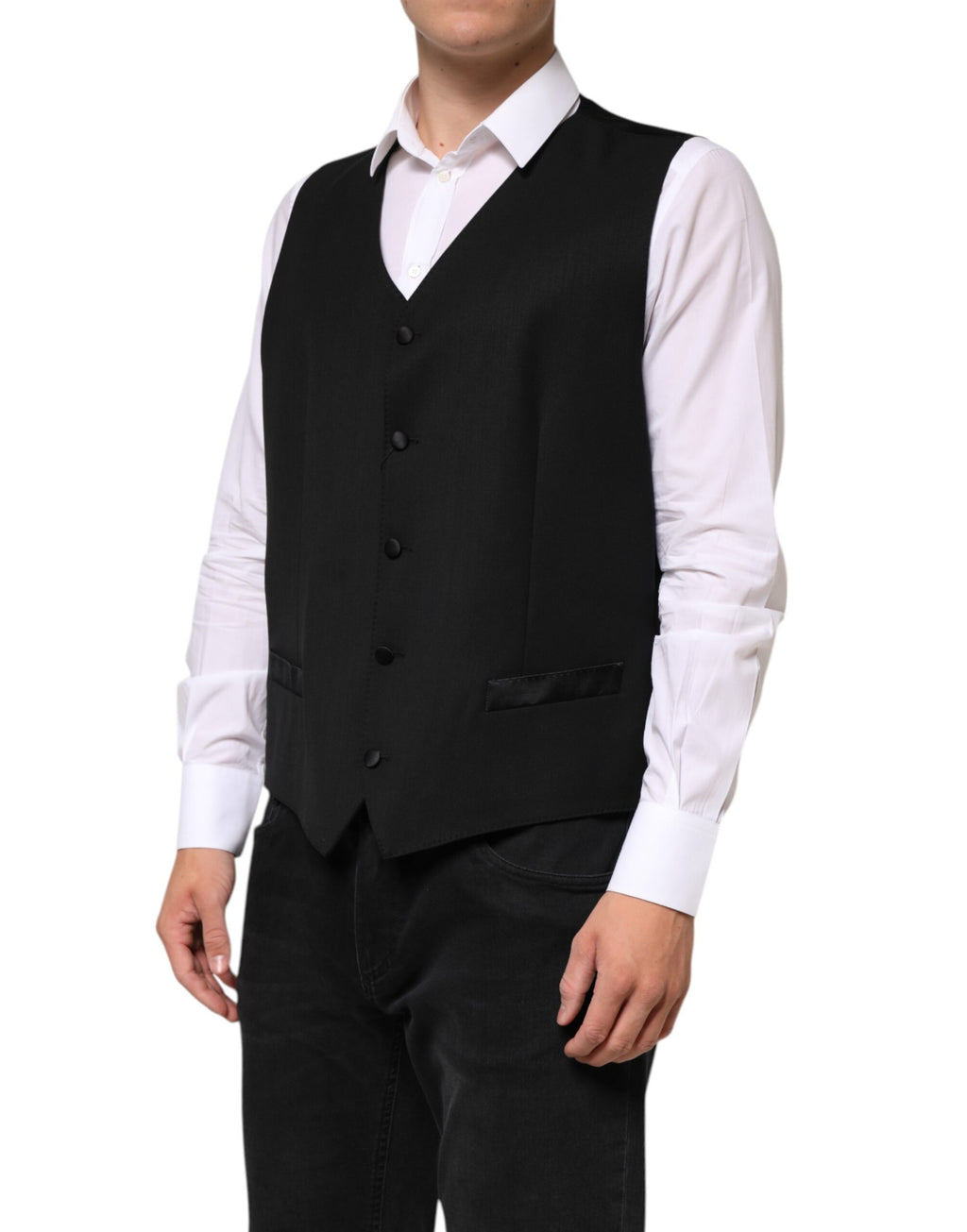 Gilet homme noir en laine Dolce & Gabbana, tenue formelle, veste sans manches élégante pour occasions spéciales.