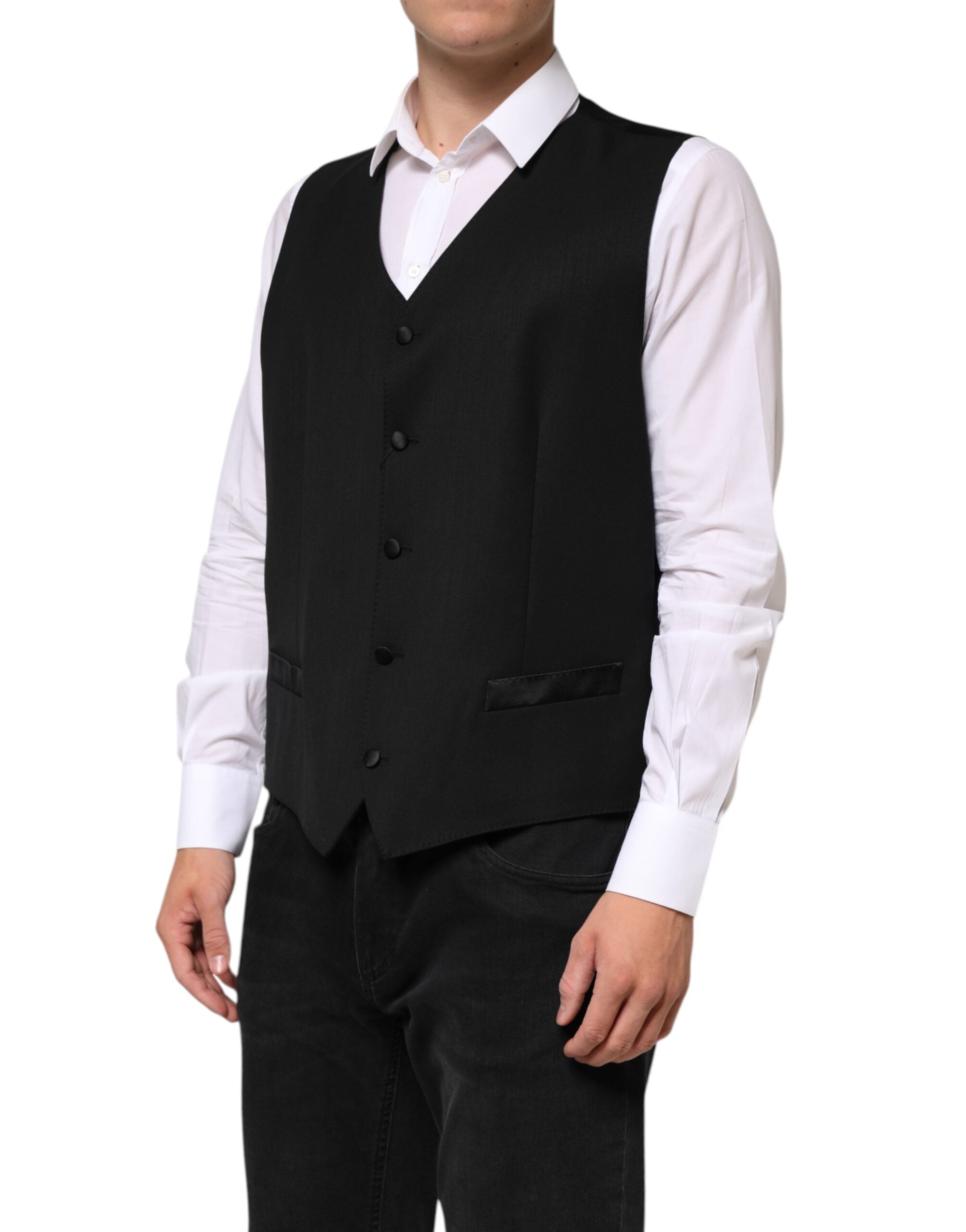 Gilet homme noir en laine Dolce & Gabbana, tenue formelle, veste sans manches élégante pour occasions spéciales.