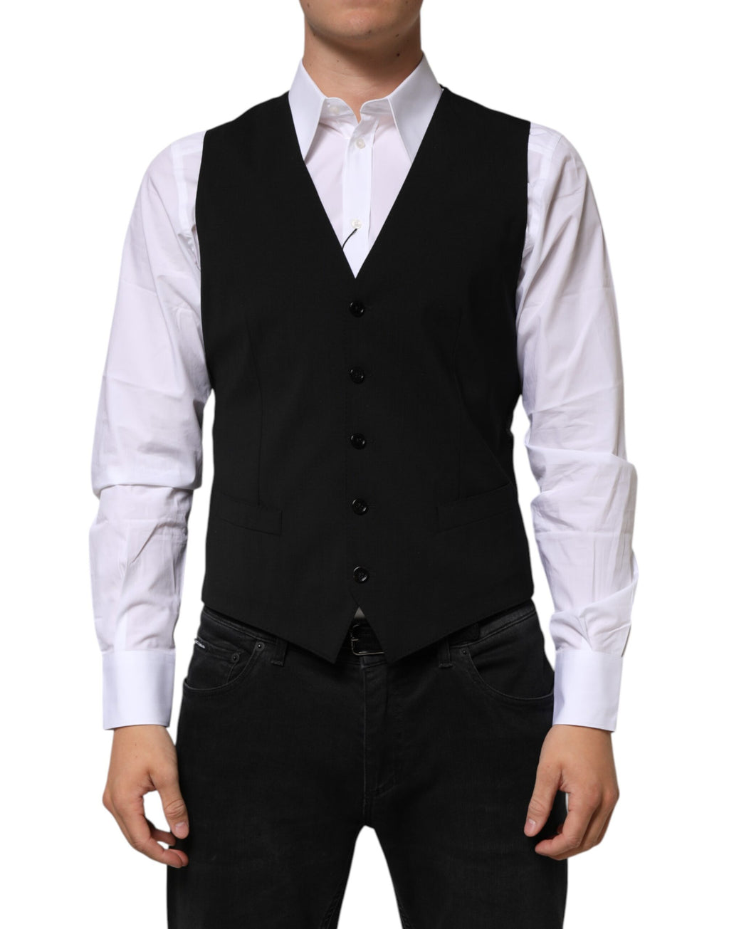 Gilet homme noir en laine de la marque Dolce & Gabbana, costume formel élégant, vue de face sur le devant.