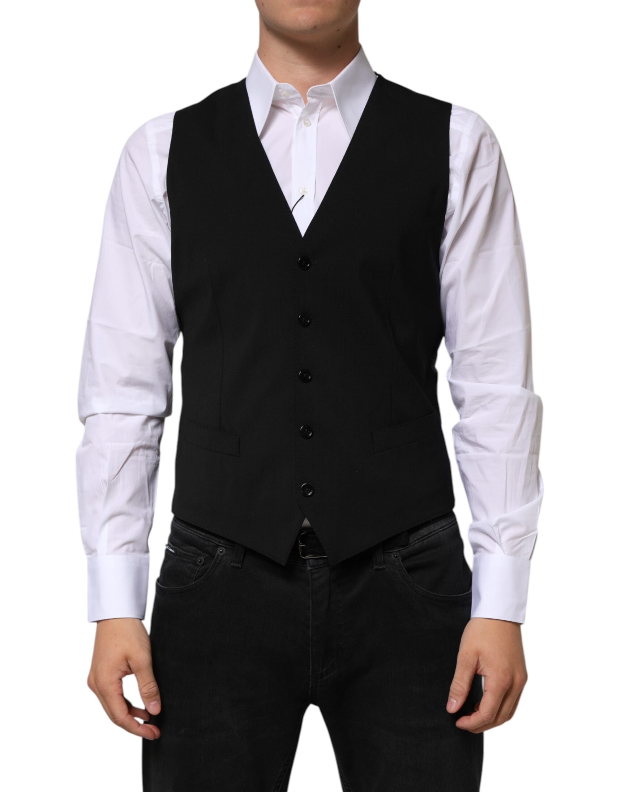 Gilet homme noir en laine de la marque Dolce & Gabbana, costume formel élégant, vue de face sur le devant.