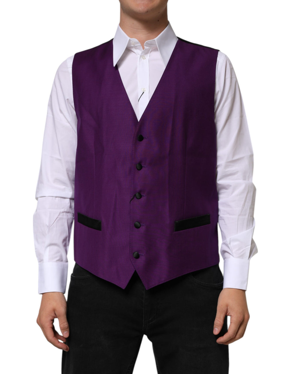 Gilet en laine violet Dolce & Gabbana pour homme, vêtement formel, sans manches, ajusté à la taille, détails élégants.