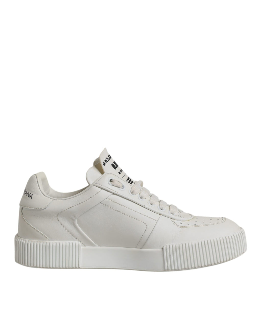 Chaussures sneakers basses en cuir blanc Dolce & Gabbana Miami, élégantes et décontractées, visibles de face avec détails de la marque.