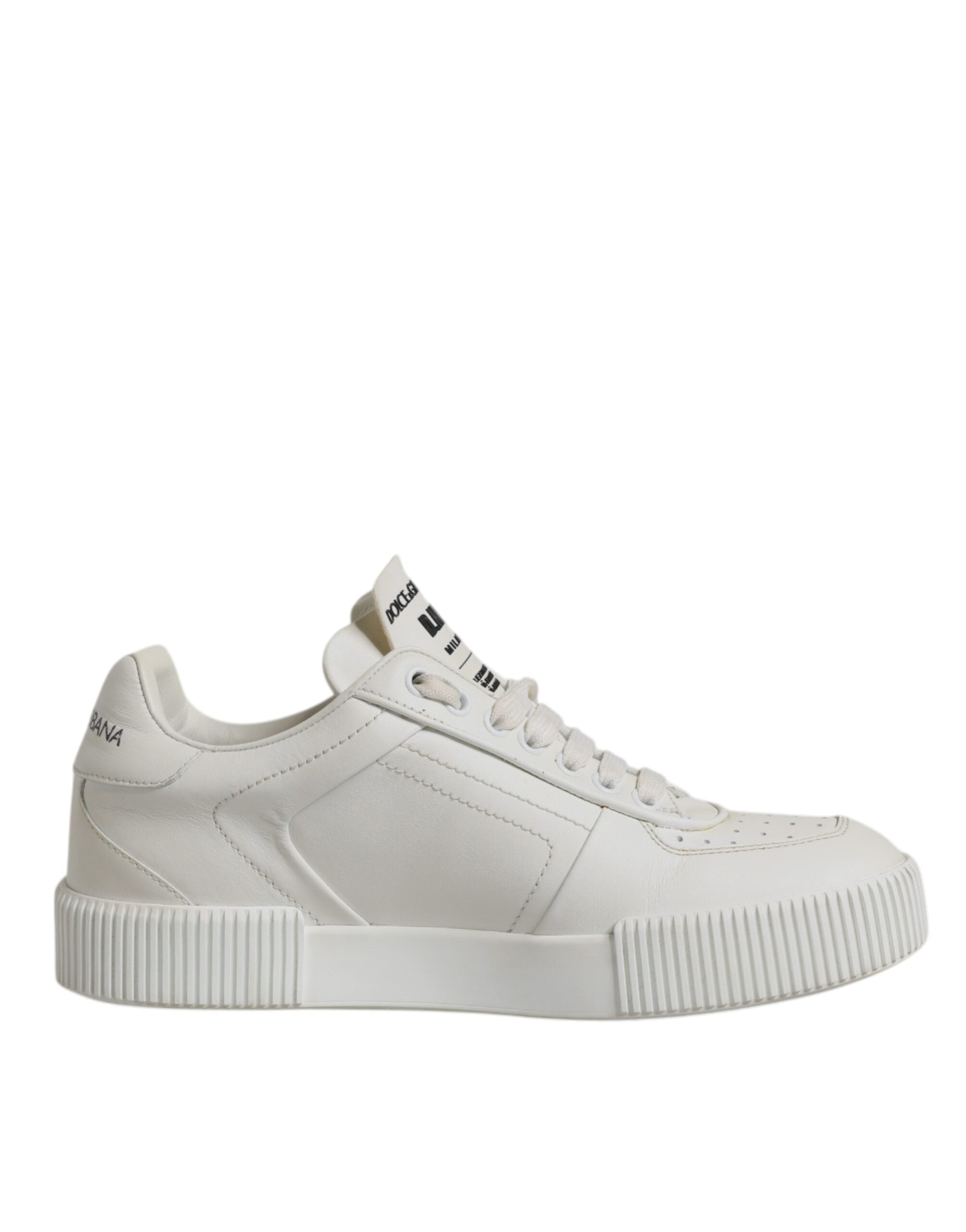 Chaussures sneakers basses en cuir blanc Dolce & Gabbana Miami, élégantes et décontractées, visibles de face avec détails de la marque.
