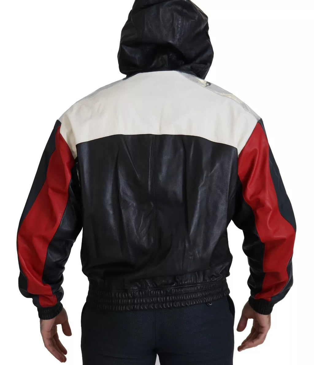 Veste blouson en cuir noir Dolce & Gabbana avec capuche, détails élégants, mode masculine, adaptée pour un style sophistiqué
