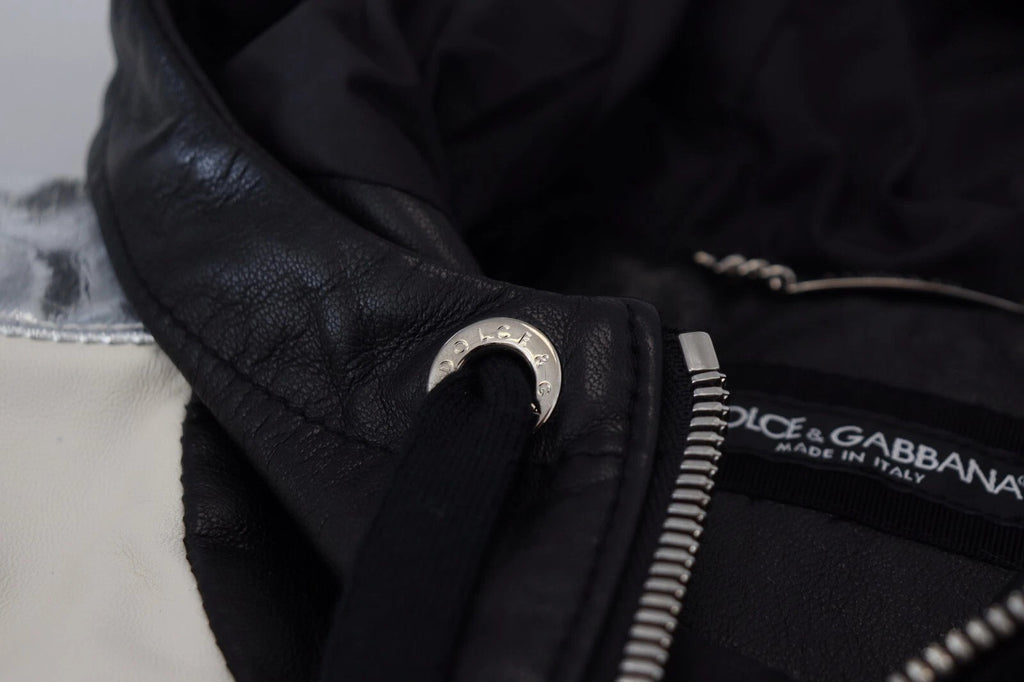 Blouson Dolce & Gabbana en cuir noir avec capuche, style décontracté et élégant, visible en détail sur l'image.
