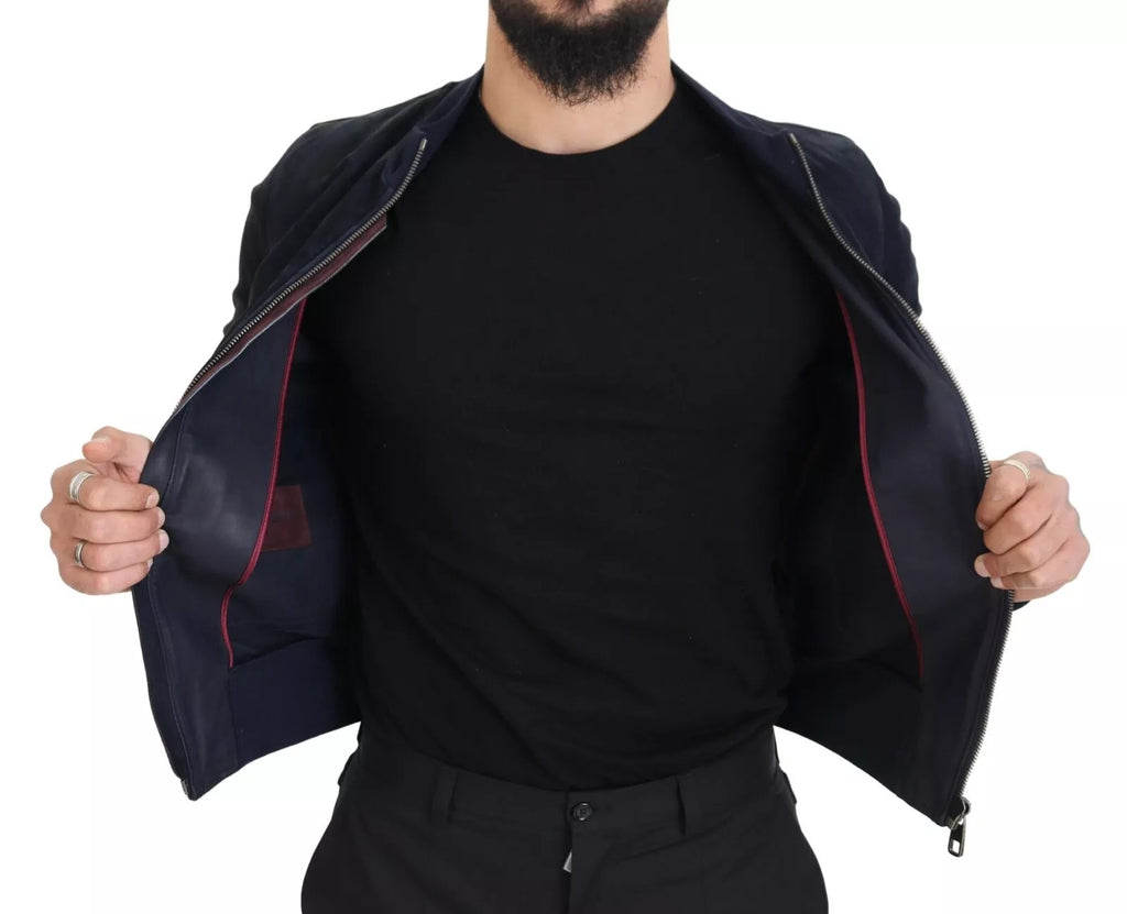 Veste en daim bleu foncé en peau de mouton Dolce & Gabbana, blouson élégant avec détails sophistiqués, vue de face.