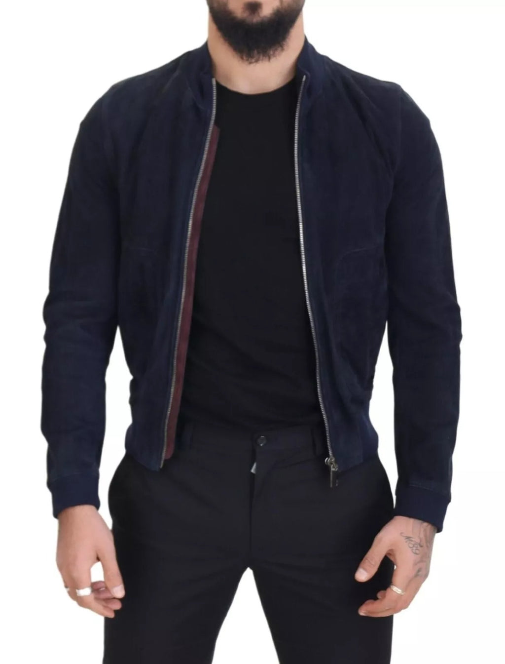 Veste en daim bleu foncé pour homme de Dolce & Gabbana, blouson en cuir d'agneau avec détails élégants.