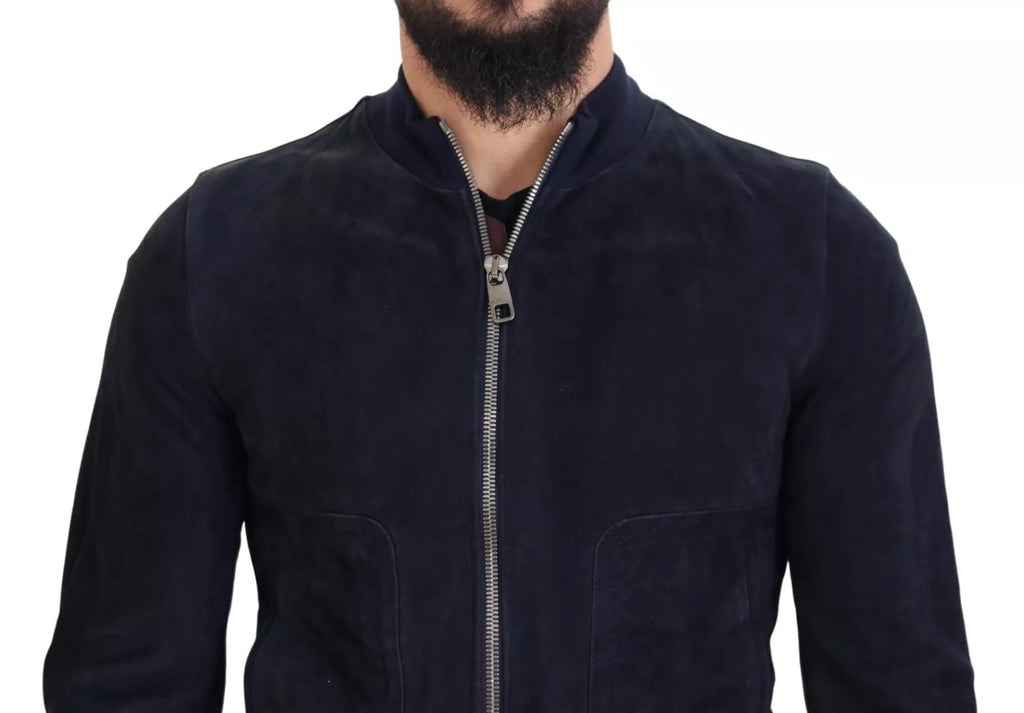 Veste en daim bleu foncé pour homme de Dolce & Gabbana, blouson en cuir de mouton avec finition élégante.