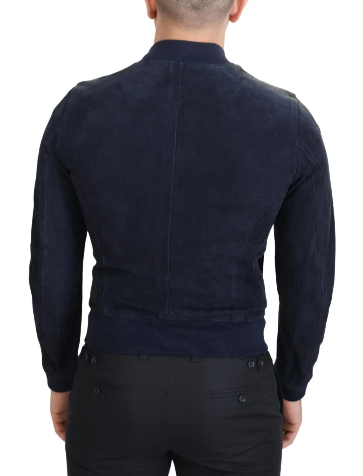 Veste blouson en daim bleu foncé en agneau de Dolce & Gabbana, vue de face avec détails de couture et col élégant.