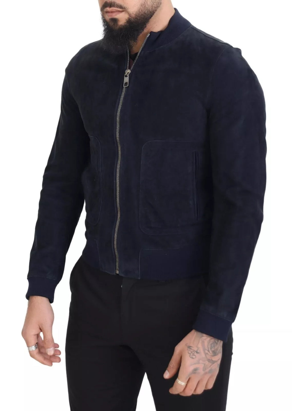 Veste blouson en daim bleu foncé en peau de mouton de Dolce & Gabbana, style élégant et sophistiqué.