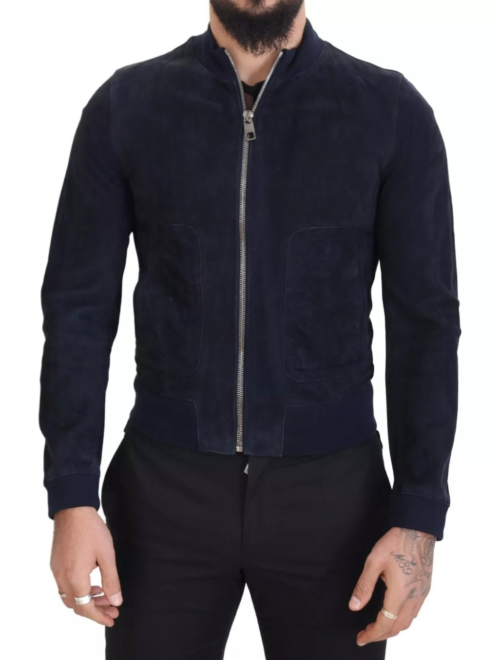Blouson en daim bleu foncé en peau de mouton de Dolce & Gabbana, veste élégante avec détails sophistiqués.