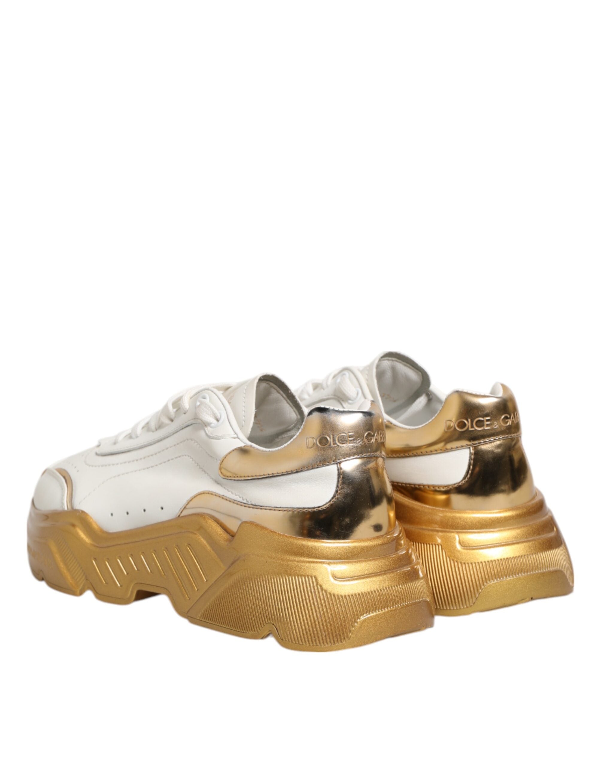 Sneakers blanches en cuir Dolce & Gabbana DAYMASTER pour femmes, détails en or et design élégant.