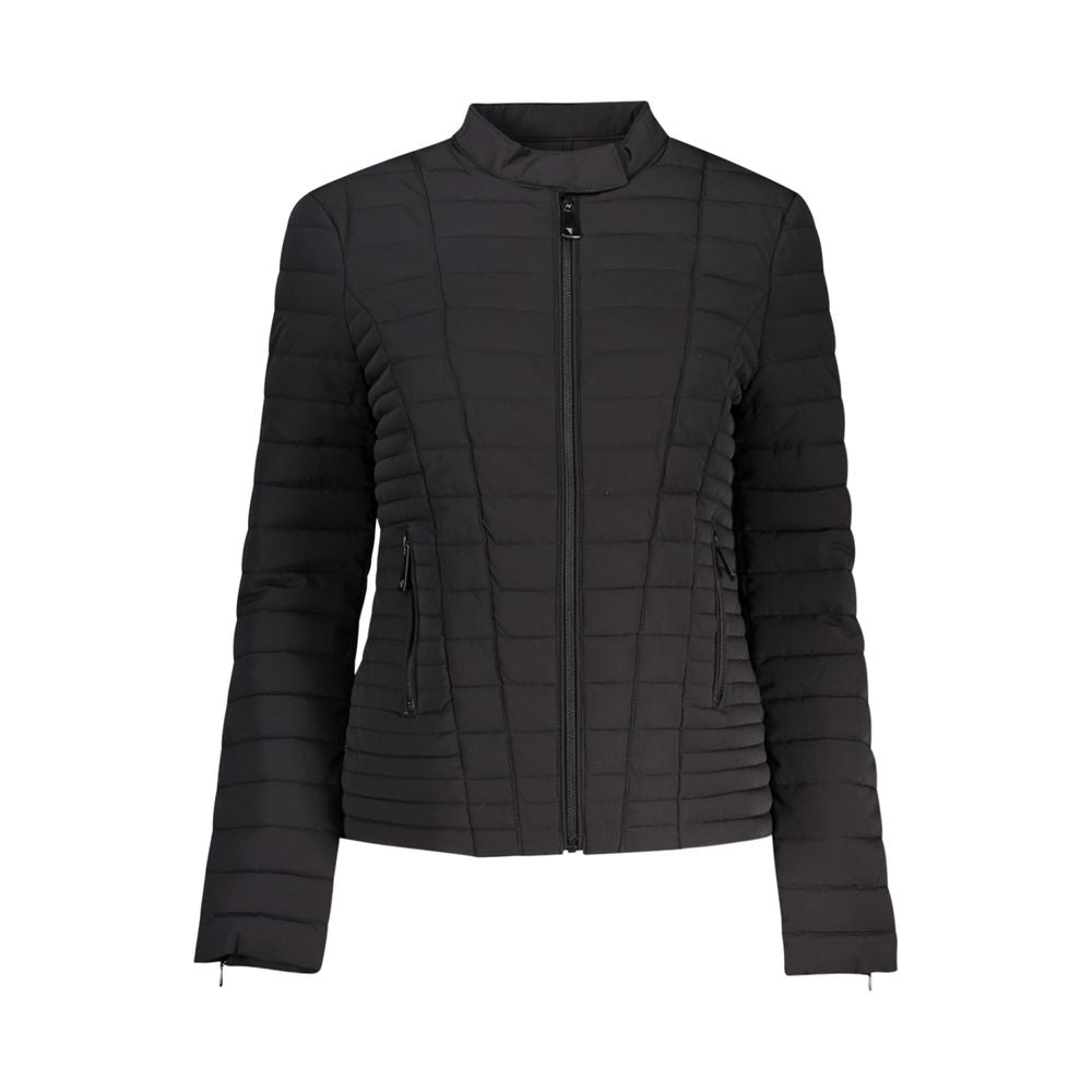 Veste en polyuréthane noire pour femmes de Guess Jeans, style décontracté avec ceinture et détails modernes.