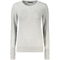 Pull femme gris en viscose Guess Jeans, coupe décontractée, détail côtelé au col et aux manches, style confortable et tendance.