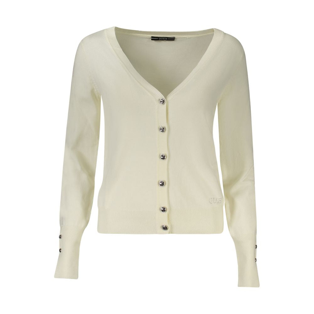 Cardigan blanc Guess Jeans pour femmes en viscose, coupe confortable, porté avec manches longues et col en V.