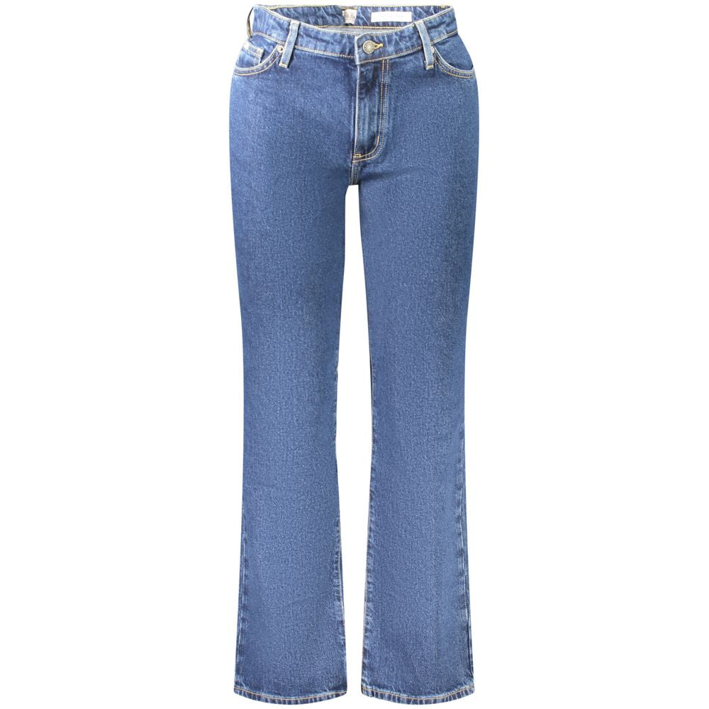 Jeans pour femmes Guess Jeans en coton bleu, coupe classique et détail de la taille visible.