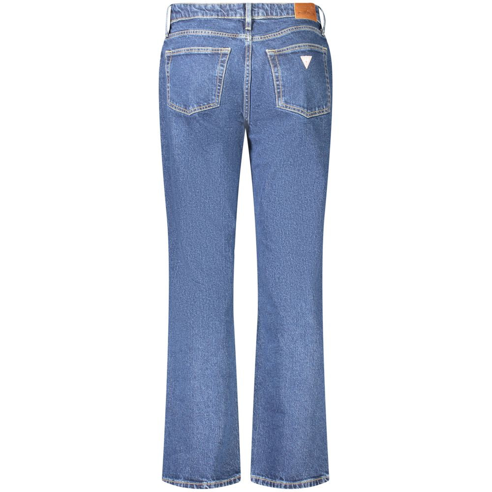 Jeans pour femmes Guess Jeans en coton bleu, coupe classique, visibles avec fermeture éclair et poches avant, style décontracté.