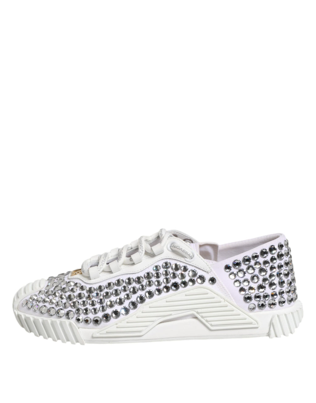 Sneakers blanches Dolce & Gabbana NS1 en toile et cuir avec embellissements, vue de face sur fond neutre.